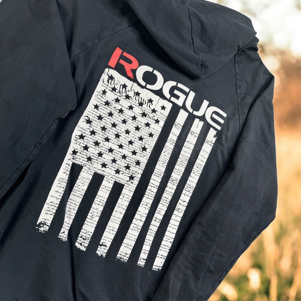 Rogue Fitness Hoodie Mens Large Black American Flag Graphic Full Zip Gym Workout
